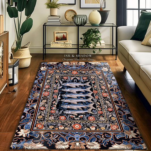 Enchanted Ocean Sardine Fish Rug | Nautical Whimsigothic Coastal Beach Decor Nordic Marine Underwater Floral Folk Art Sea Life Home Accent |