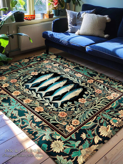 Mystical Floral Underwater Fish Rug | Antique Sardine Art Ocean Decor Coastal Beach Home Accent Rustic Marine Cottagecore Nautical Beach Art