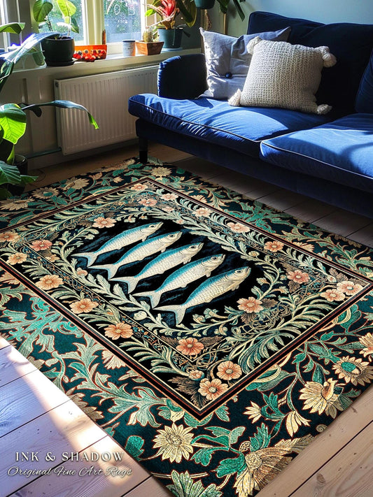 Mystical Floral Underwater Fish Rug | Antique Sardine Art Ocean Decor Coastal Beach Home Accent Rustic Marine Cottagecore Nautical Beach Art