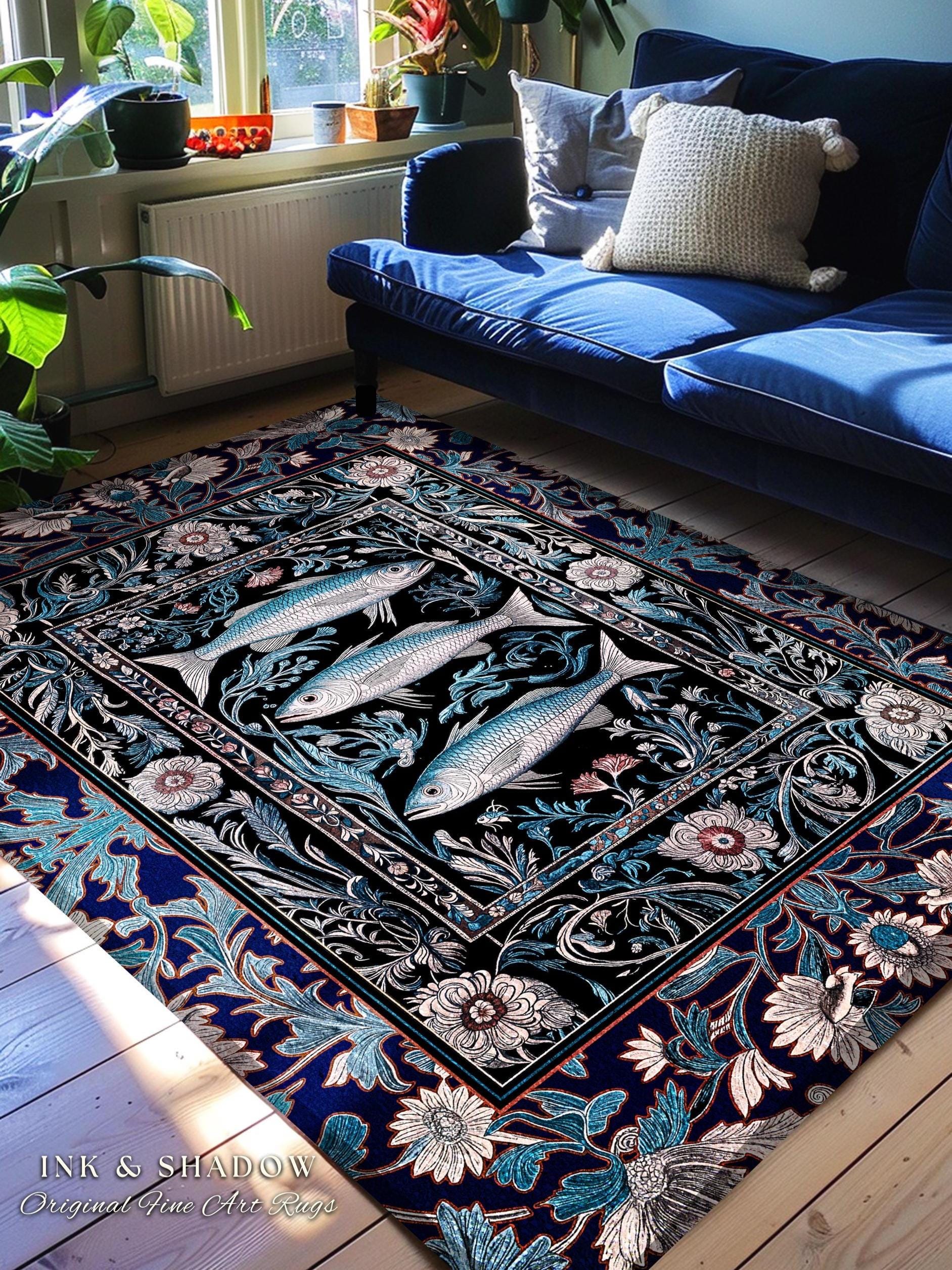 Scandi Nautical Sardine Art Area Rug | Dark Academia Marine Ocean Fish Decor Coastal Nordic Beach Home Rustic Sea Cottagecore Home Accent |