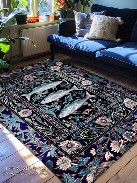Scandi Nautical Sardine Art Area Rug | Dark Academia Marine Ocean Fish Decor Coastal Nordic Beach Home Rustic Sea Cottagecore Home Accent |