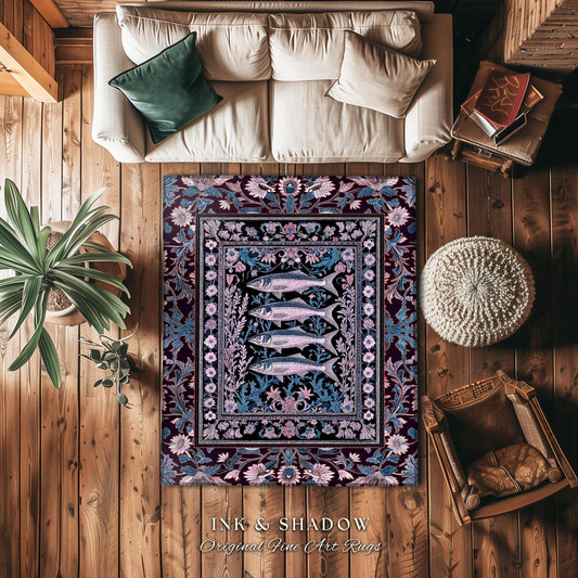 Sardine Area Rug Nautical Room Decor | Marine Life Home Accent Cozy Tapestry Coastal Underwater Design Ocean Inspired Cottagecore Style |