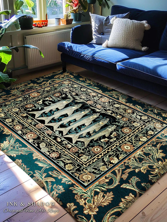 Oceancore Cozy Accent Rug Sardine | Indie Nautical Bedroom Marine Life Art Vintage Coastal Decor Under the Sea Scene Cottagecore Ornate |