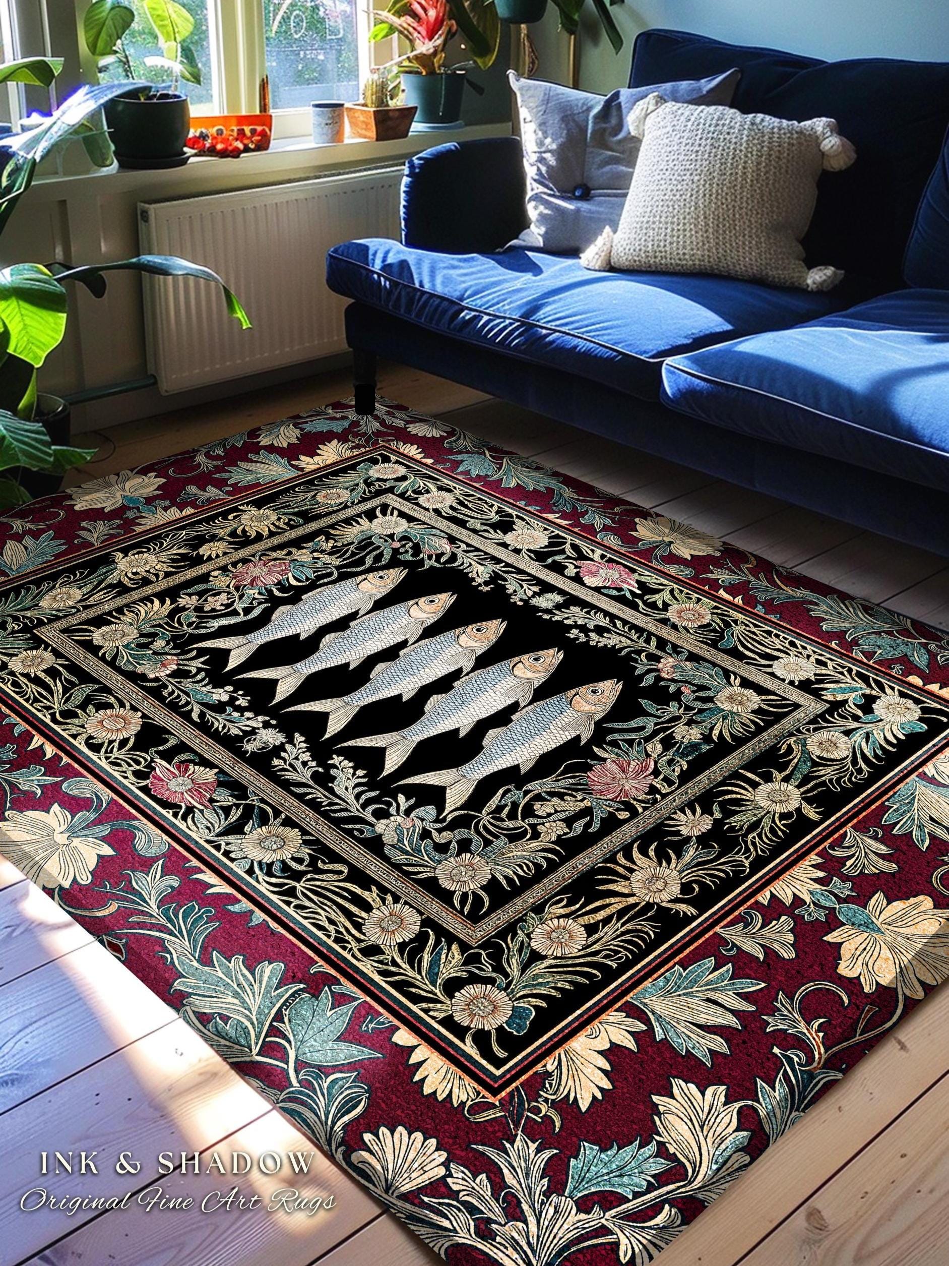 Eclectic Sardine Art Area Rug | Ornate Whimsical Coastal Design Maximalist Marine Art Ocean-Inspired Beach House Bedroom Accent Fish Decor