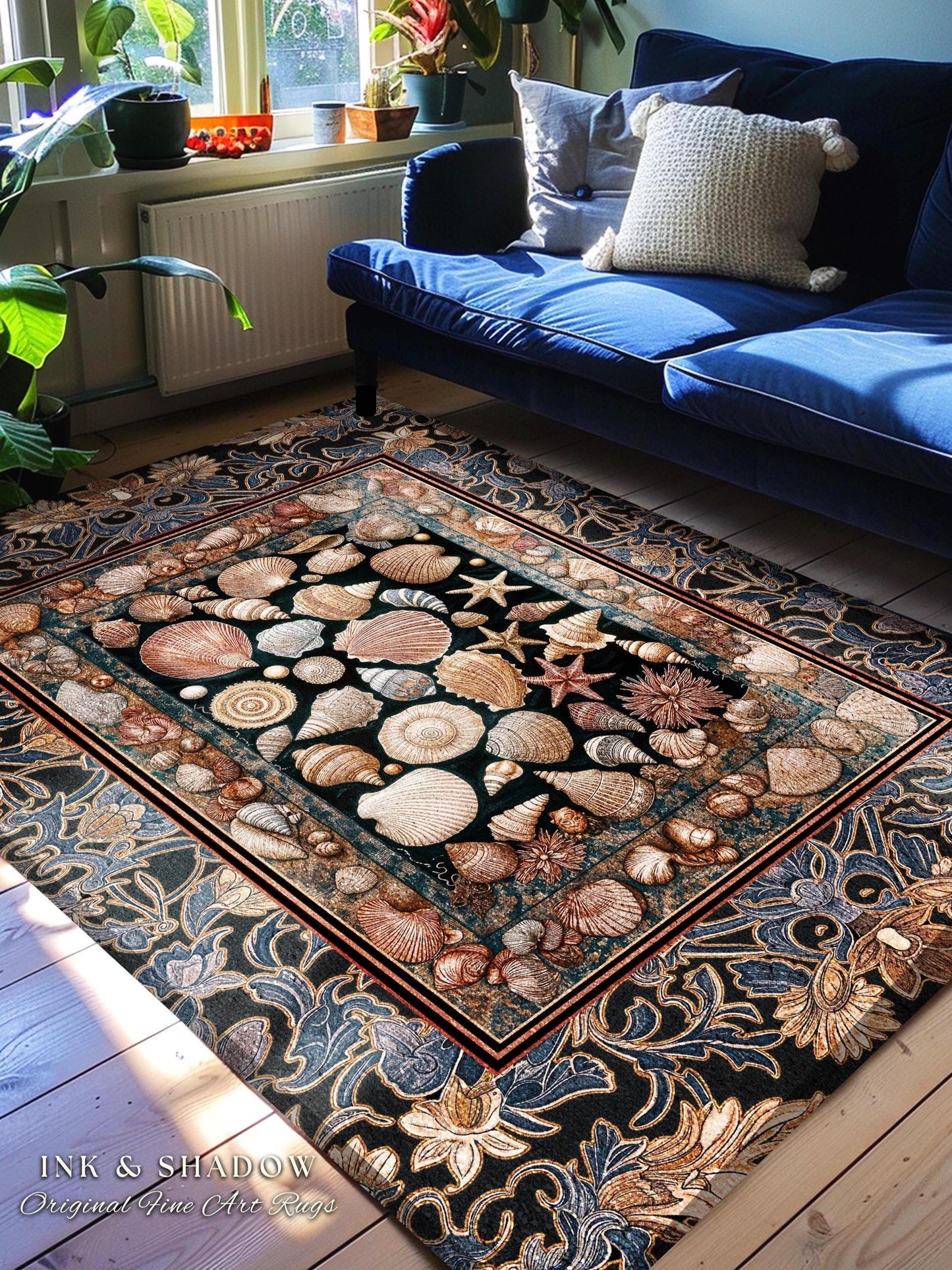 Elegant Art Nouveau Seashell Area Rug | Ocean Inspired Mermaidcore Decor Baroque Nautical Fantasy Marine Home Accent Rustic Coastal Style |