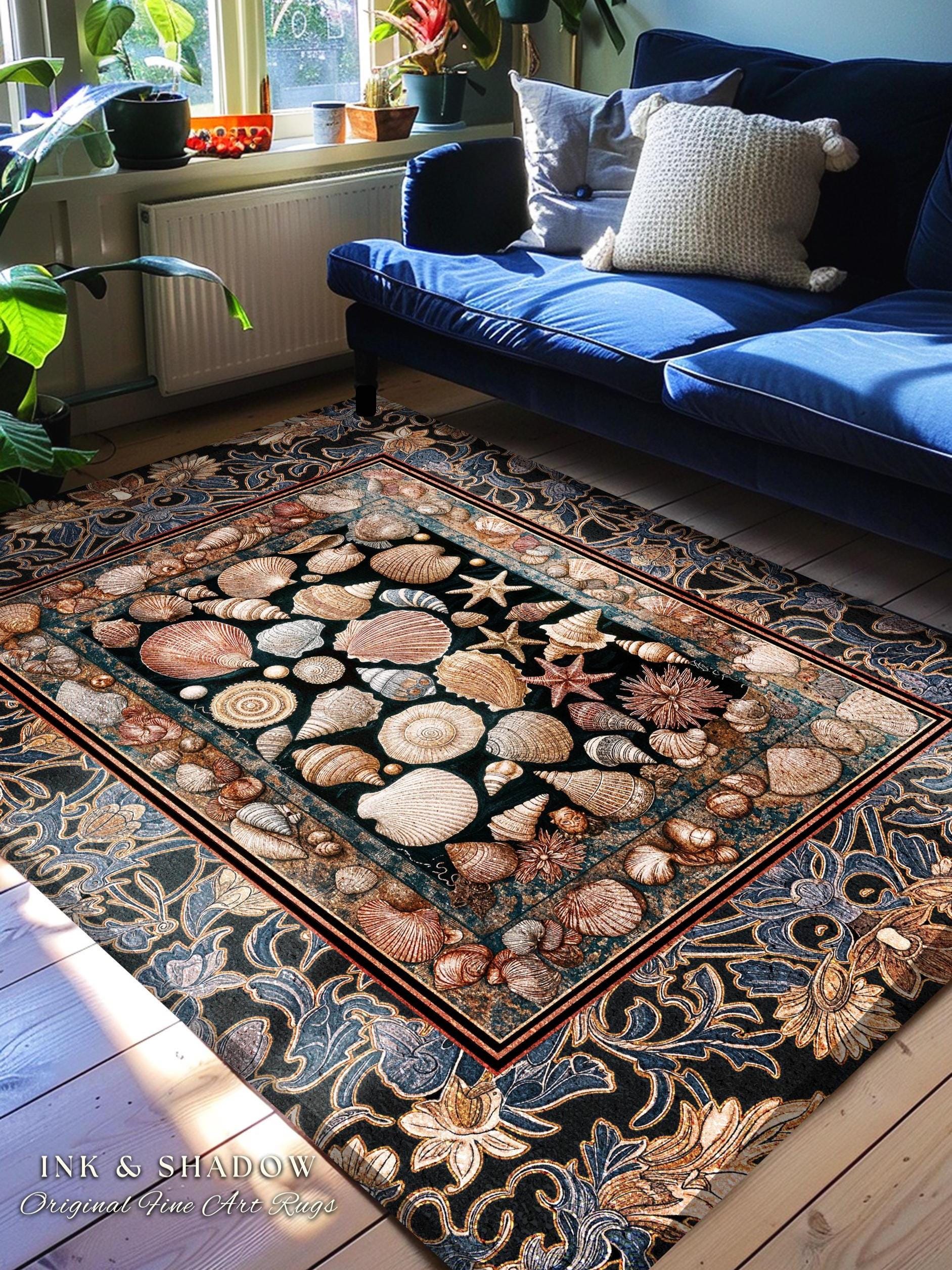 Elegant Art Nouveau Seashell Area Rug | Ocean Inspired Mermaidcore Decor Baroque Nautical Fantasy Marine Home Accent Rustic Coastal Style |