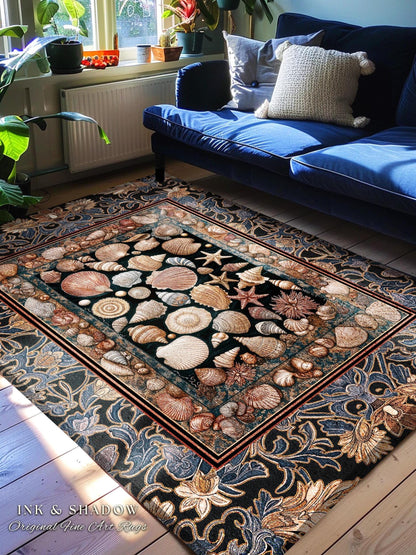 Elegant Art Nouveau Seashell Area Rug | Ocean Inspired Mermaidcore Decor Baroque Nautical Fantasy Marine Home Accent Rustic Coastal Style |