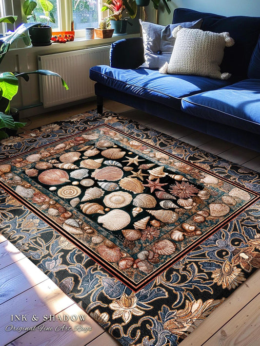 Elegant Art Nouveau Seashell Area Rug | Ocean Inspired Mermaidcore Decor Baroque Nautical Fantasy Marine Home Accent Rustic Coastal Style |
