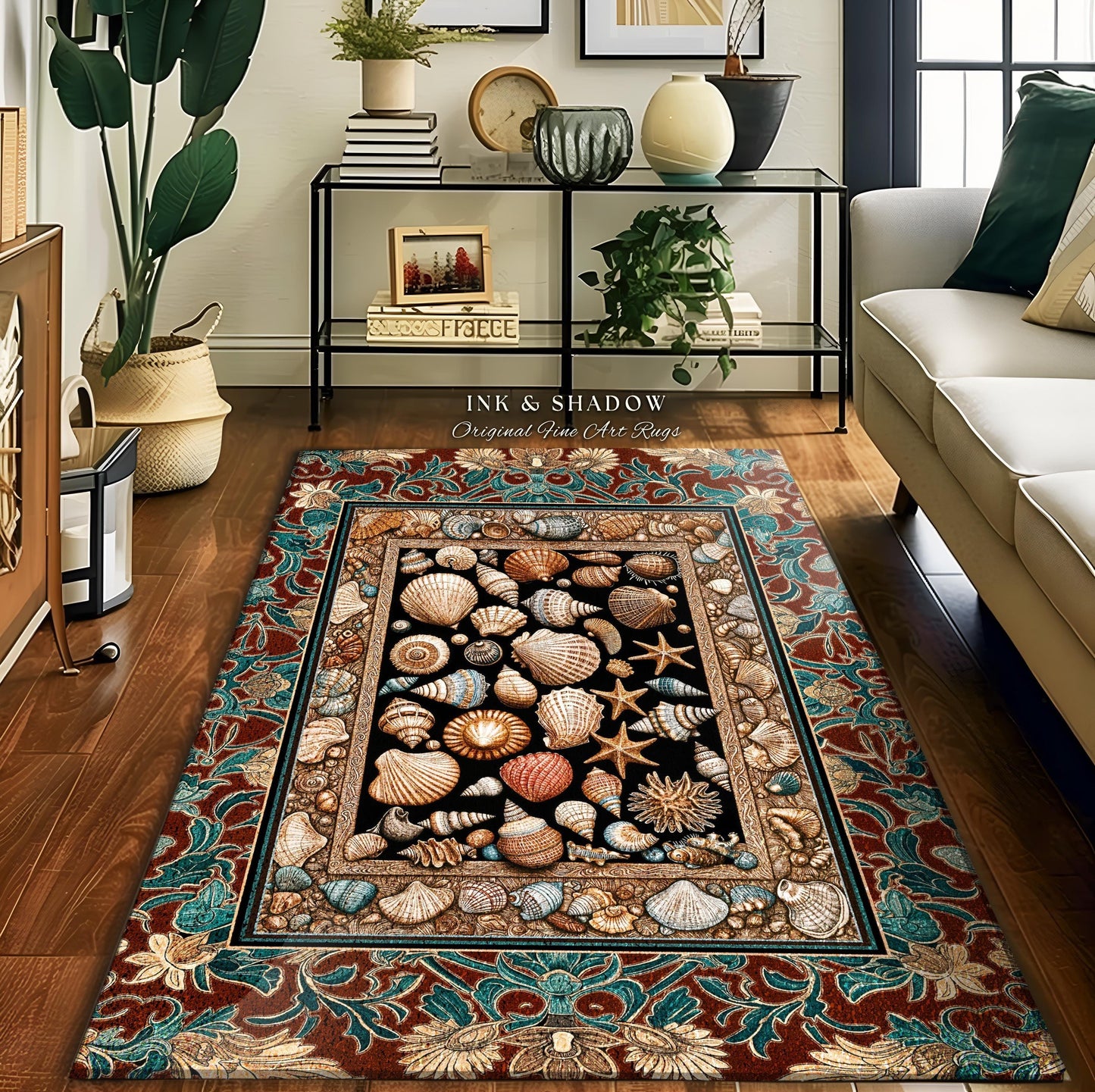 Maximalist Coastal Seashell Area Rug | Ocean Aesthetic Home Accent Starfish Sea Life Decor Nautical Beach House Vintage Cottagecore Style |
