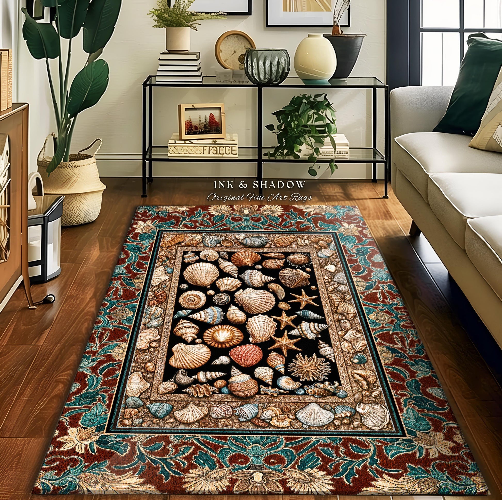 Maximalist Coastal Seashell Area Rug | Ocean Aesthetic Home Accent Starfish Sea Life Decor Nautical Beach House Vintage Cottagecore Style |