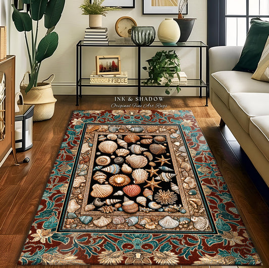 Maximalist Coastal Seashell Area Rug | Ocean Aesthetic Home Accent Starfish Sea Life Decor Nautical Beach House Vintage Cottagecore Style |