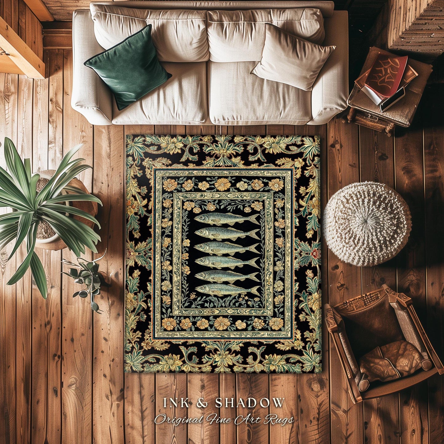 Whimsical Decor Fish Area Rug | Nautical Home Accent Sardine Illustration Marine Life Coastal Accent Playful Ocean Bedroom Maximalist Indie