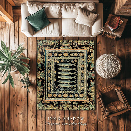 Whimsical Decor Fish Area Rug | Nautical Home Accent Sardine Illustration Marine Life Coastal Accent Playful Ocean Bedroom Maximalist Indie