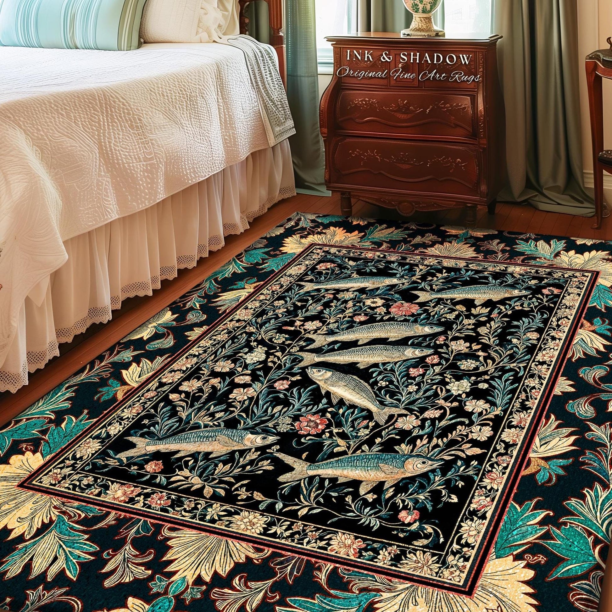 Ocean Gothic Baroque Accent Rug | Vintage Coastal Bohemian Sardine Marine Magic Whimsical Sea Folk Art Nautical Area Rug Beach House Decor