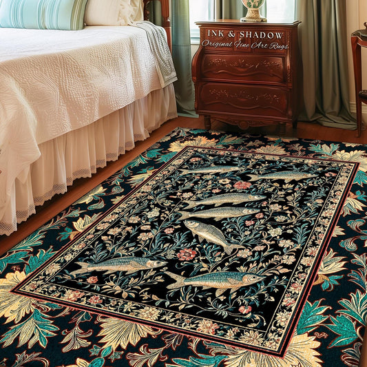 Ocean Gothic Baroque Accent Rug | Vintage Coastal Bohemian Sardine Marine Magic Whimsical Sea Folk Art Nautical Area Rug Beach House Decor