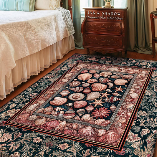 Ornate Sea Life Accent Rug | Victorian Ocean Design Classic Nautical Shell Illustration Coastal Decor Mermaidcore Boho Beach House Aesthetic