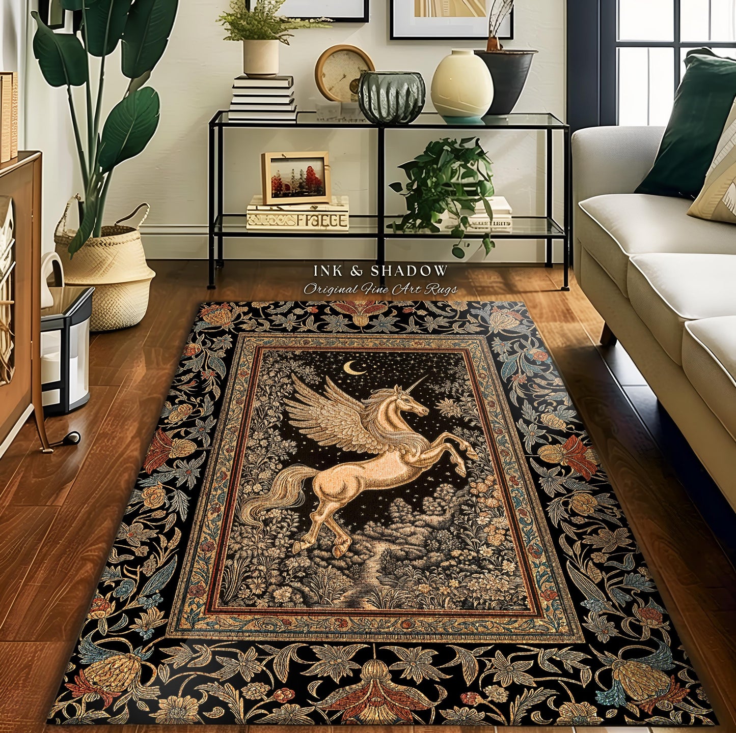 Golden Moon Regal Unicorn Rug | Forest Gothic Fairytale Area Rug Pegasus Baroque Style Fantasy Decor Dreamy Bedroom Whimsical Cottagecore |