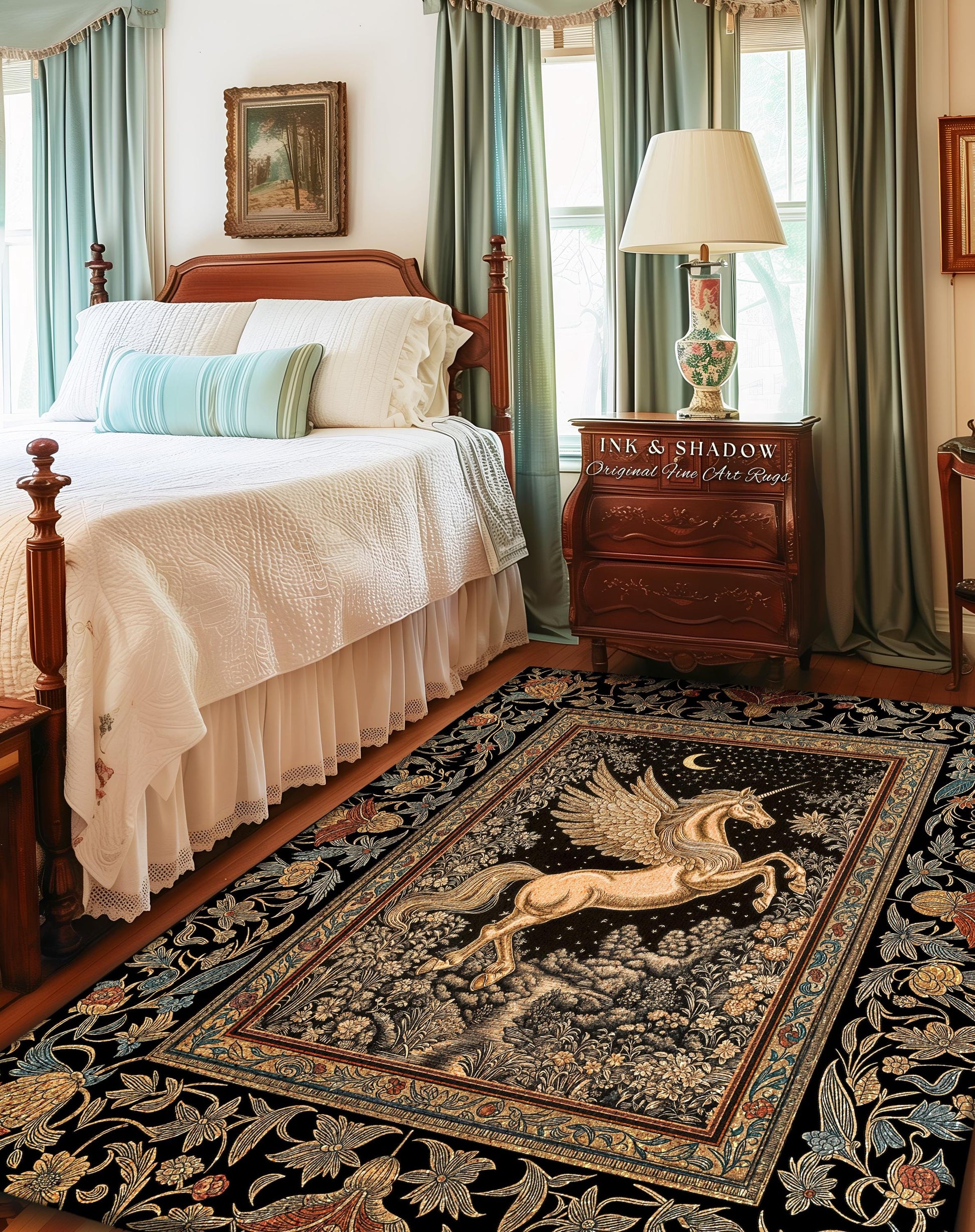 Golden Moon Regal Unicorn Rug | Forest Gothic Fairytale Area Rug Pegasus Baroque Style Fantasy Decor Dreamy Bedroom Whimsical Cottagecore |