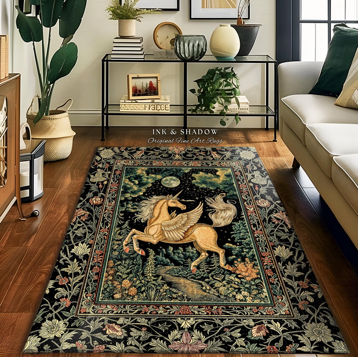 Celestial Pegasus Unicorn Forest Rug | Baroque Bedroom Decor Romantic Maximalist Fairytale Cottagecore Style Whimsical Castlecore Accent