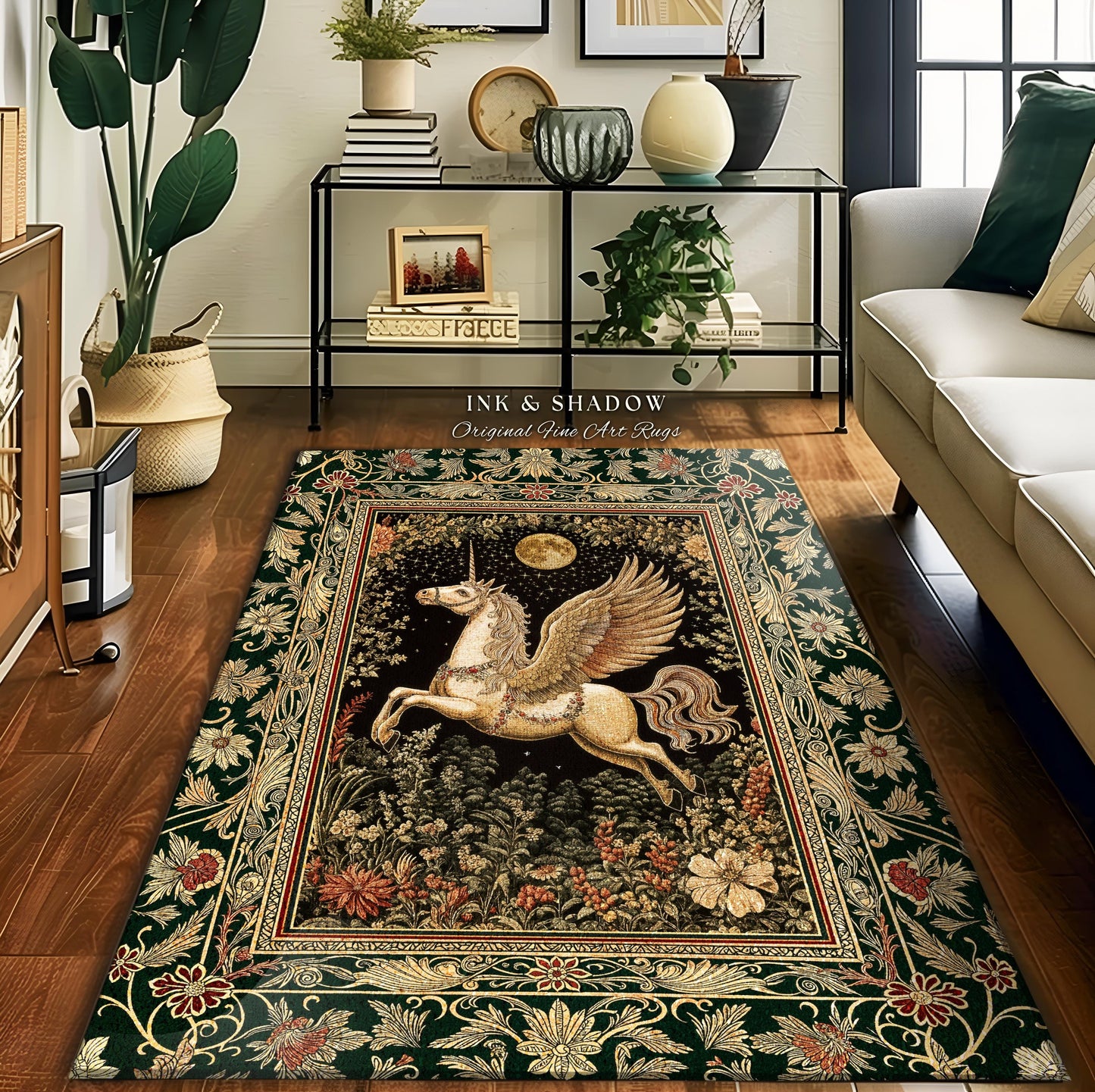 Baroque Flying Unicorn Area Rug | Enchanted Forest Pegasus Fairytale Decor Castle Aesthetic Maximalist Regal Bedroom Fantasy Gothic Style |