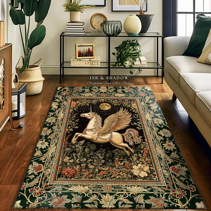 Baroque Flying Unicorn Area Rug | Enchanted Forest Pegasus Fairytale Decor Castle Aesthetic Maximalist Regal Bedroom Fantasy Gothic Style |