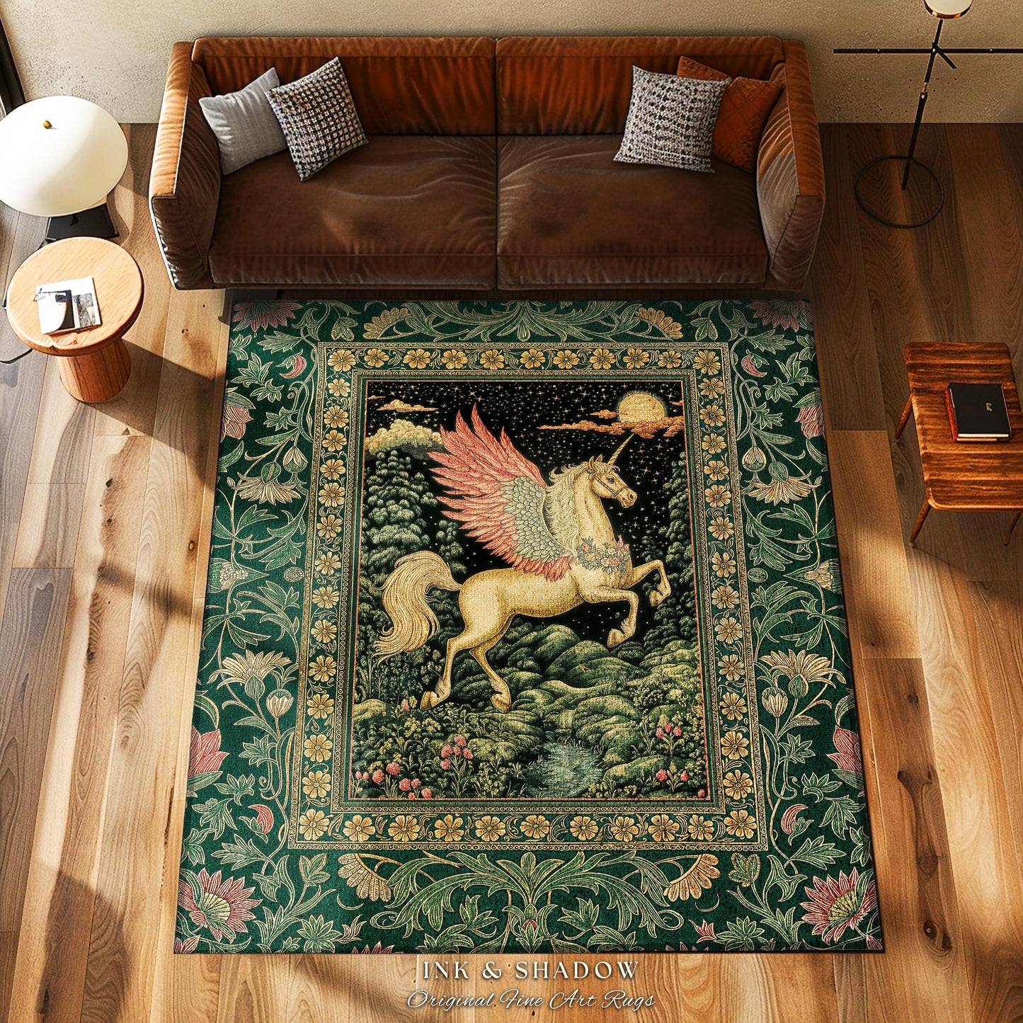 Verdant Landscape Celestial Unicorn Rug | Fairytale Forest Decor Castlecore Maximalist Romantic Baroque Pegasus Fantasy Accent Goth Bedroom