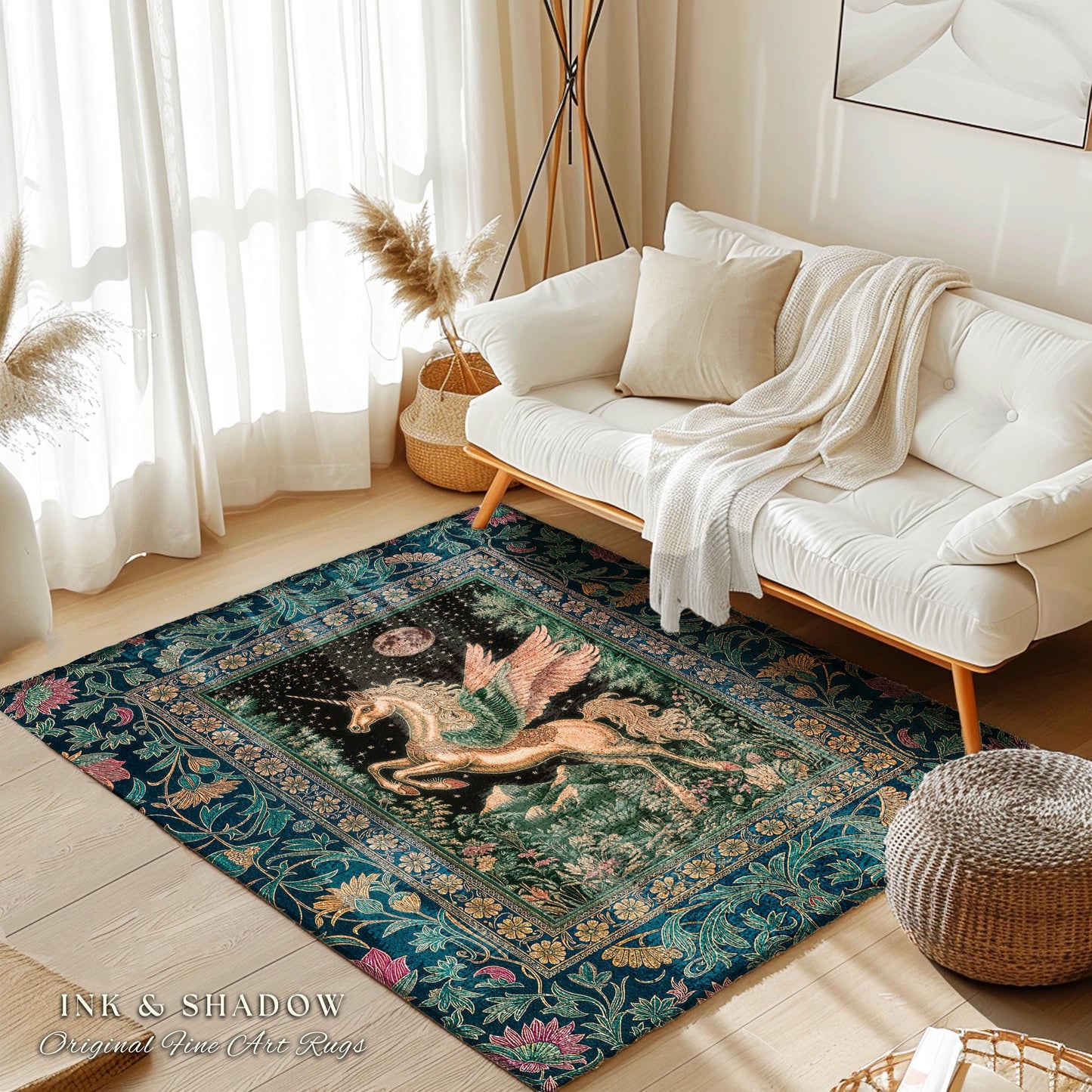 Winged Unicorn Full Moon Fantasy Rug | Enchanted Forest Fairytale Decor Baroque Regal Castlecore Style Romantic Maximalist Fantasy Gothic |