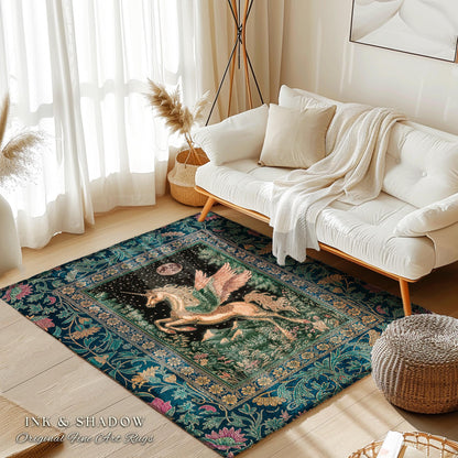 Winged Unicorn Full Moon Fantasy Rug | Enchanted Forest Fairytale Decor Baroque Regal Castlecore Style Romantic Maximalist Fantasy Gothic |