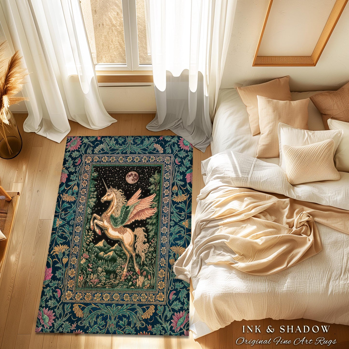 Winged Unicorn Full Moon Fantasy Rug | Enchanted Forest Fairytale Decor Baroque Regal Castlecore Style Romantic Maximalist Fantasy Gothic |