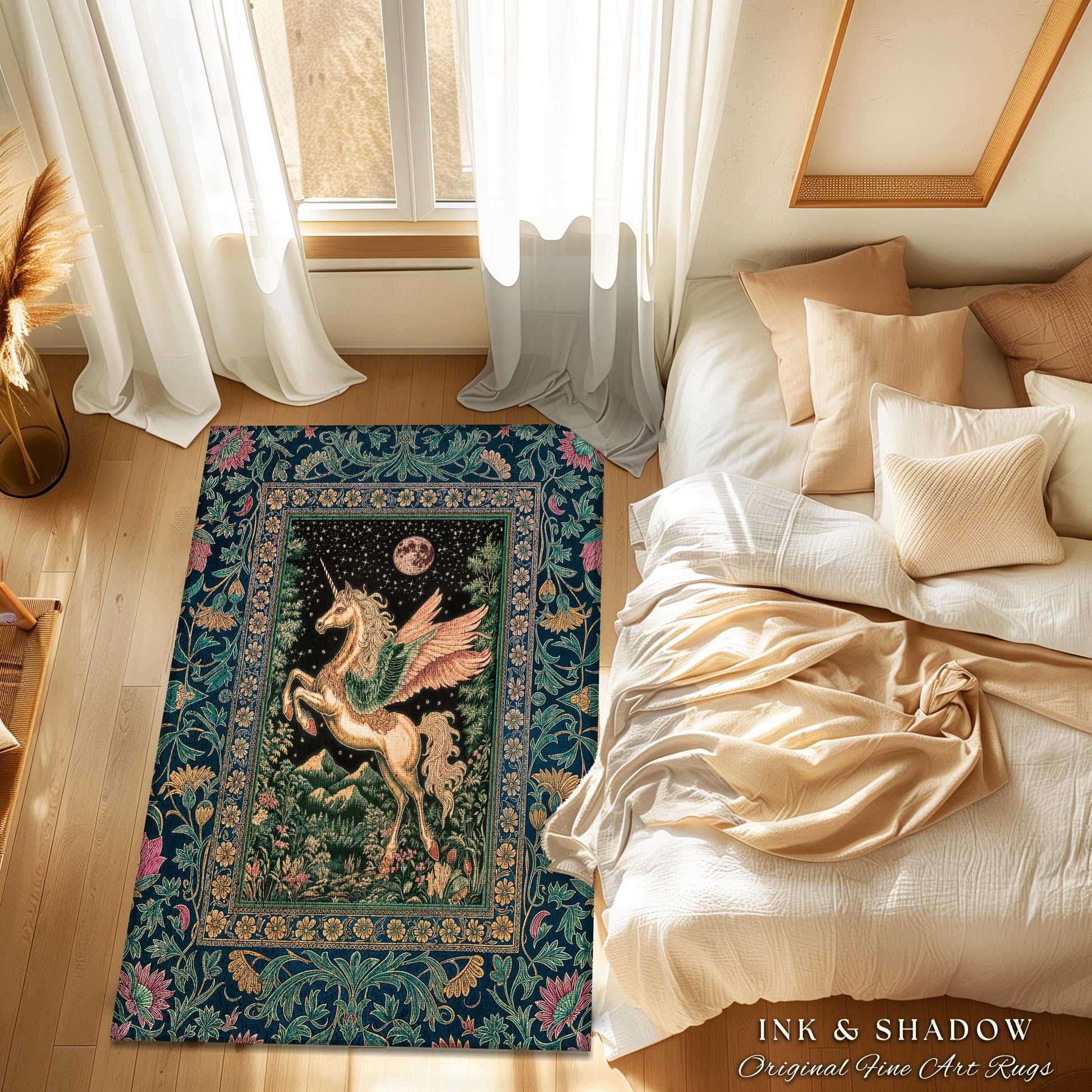 Winged Unicorn Full Moon Fantasy Rug | Enchanted Forest Fairytale Decor Baroque Regal Castlecore Style Romantic Maximalist Fantasy Gothic |