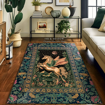 Winged Unicorn Full Moon Fantasy Rug | Enchanted Forest Fairytale Decor Baroque Regal Castlecore Style Romantic Maximalist Fantasy Gothic |