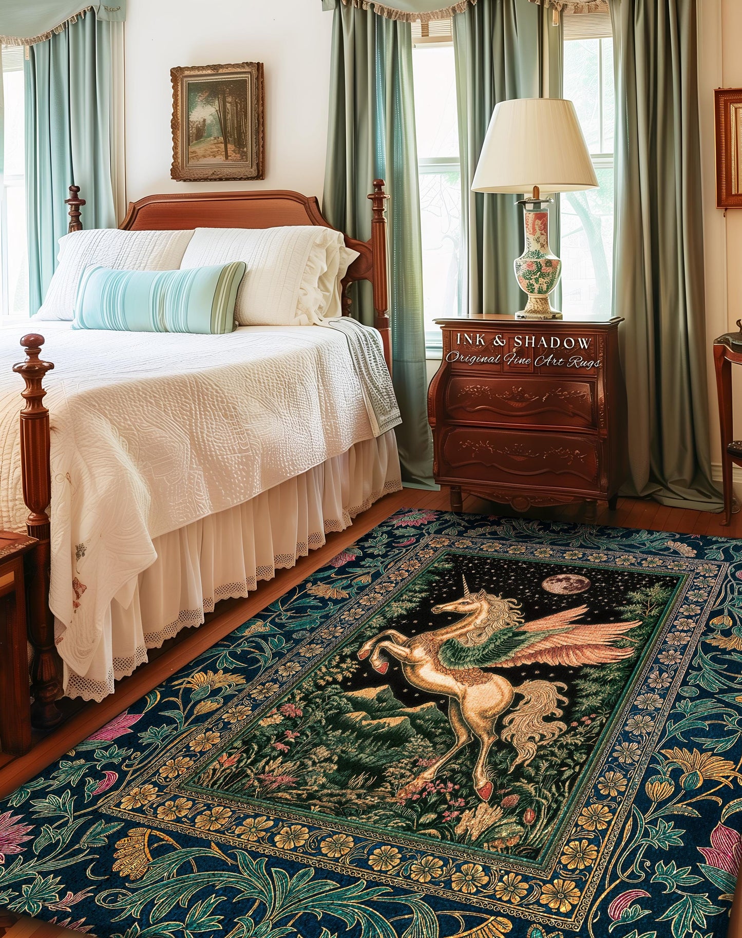 Winged Unicorn Full Moon Fantasy Rug | Enchanted Forest Fairytale Decor Baroque Regal Castlecore Style Romantic Maximalist Fantasy Gothic |
