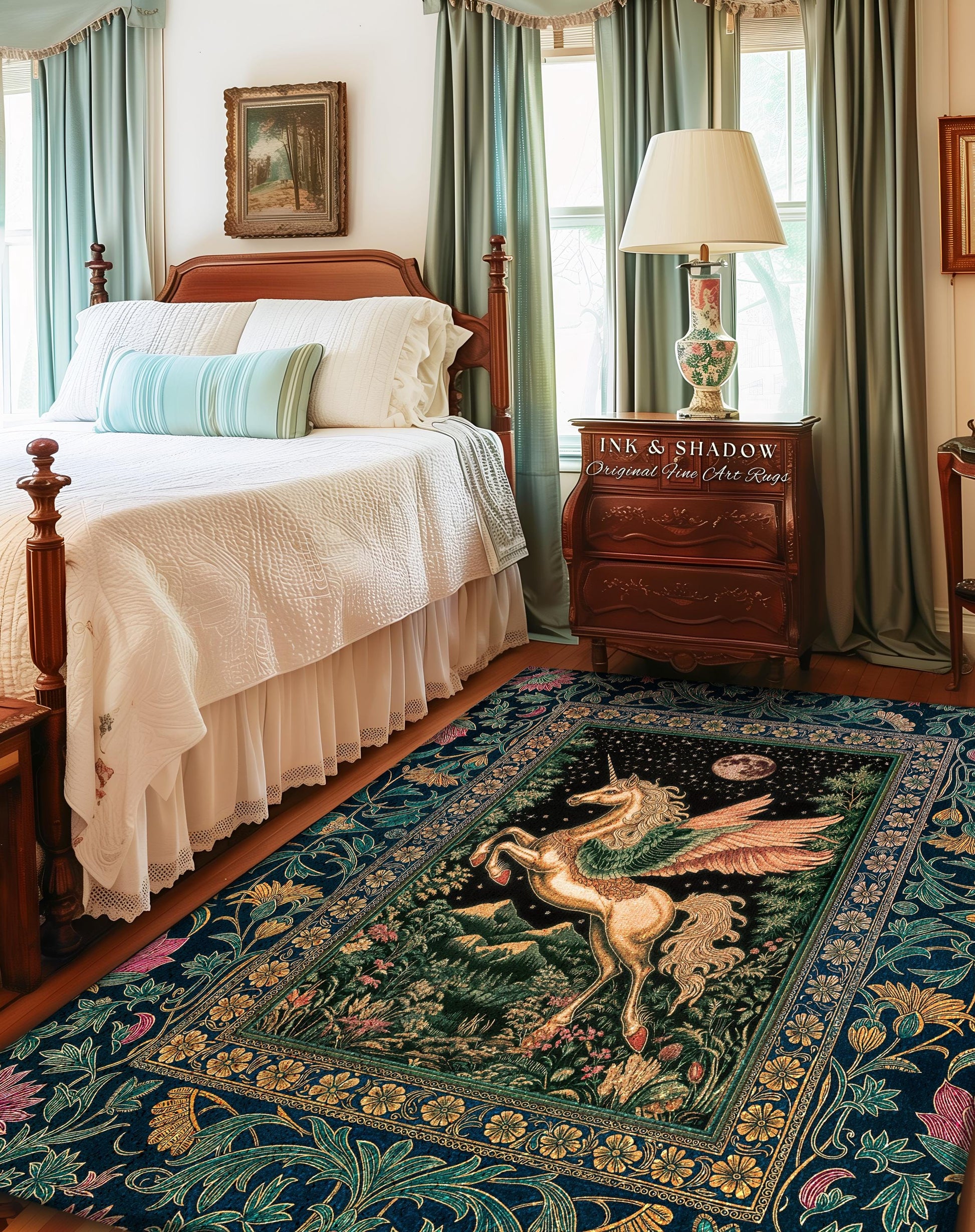 Winged Unicorn Full Moon Fantasy Rug | Enchanted Forest Fairytale Decor Baroque Regal Castlecore Style Romantic Maximalist Fantasy Gothic |