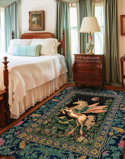 Winged Unicorn Full Moon Fantasy Rug | Enchanted Forest Fairytale Decor Baroque Regal Castlecore Style Romantic Maximalist Fantasy Gothic |
