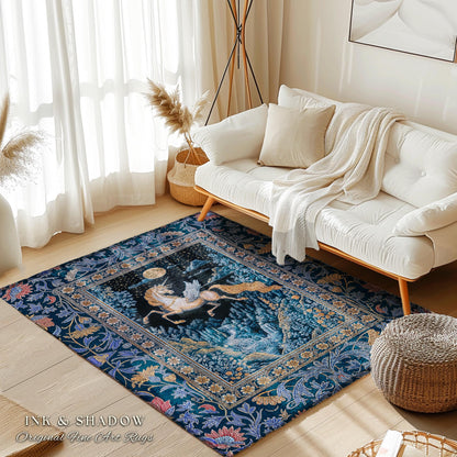 Moody Fantasy Mystic Pegasus Rug | Enchanted Forest Landscape Midnight Sky Unicorn Decor Regal Baroque Fairytale Accent Romantic Castlecore