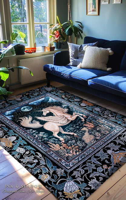 Starlit Blue Pegasus Ethereal Rug | Mystical Castlecore Decor Fairytale Baroque Accent Regal Fantasy Moonlight Forest Maximalist Romantic |