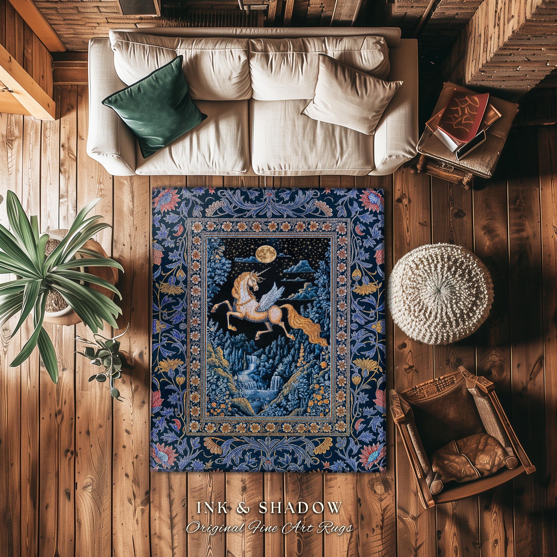 Moody Fantasy Mystic Pegasus Rug | Enchanted Forest Landscape Midnight Sky Unicorn Decor Regal Baroque Fairytale Accent Romantic Castlecore