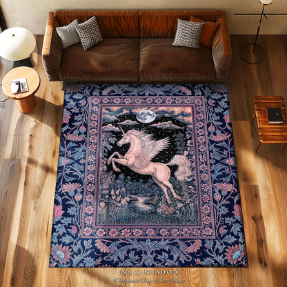 Pastel Dreamy Whimsical Unicorn Rug | Mystical Full Moon Fantasy Decor Baroque Fairytale Accent Regal Pegasus Castlecore Romantic Bedroom |