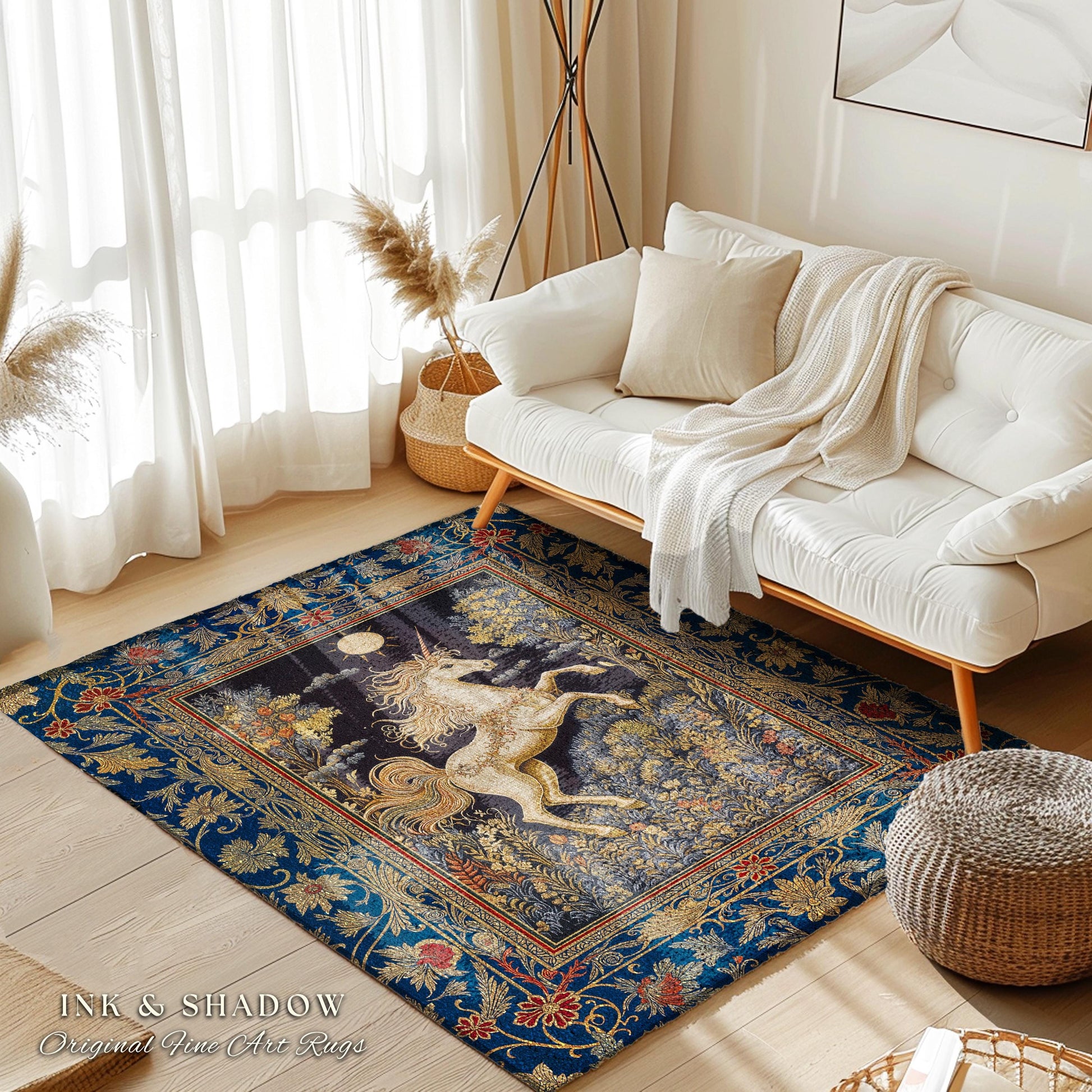 Victorian Unicorn Fairycore Rug | Fairytale Nursery Decor Golden Baroque Home Accent Castlecore Bedroom Romantic Gothic Forest Mystical Rug