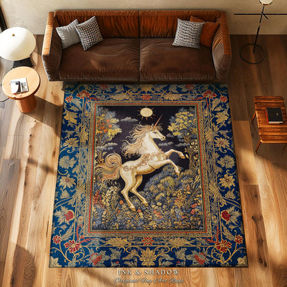 Victorian Unicorn Fairycore Rug | Fairytale Nursery Decor Golden Baroque Home Accent Castlecore Bedroom Romantic Gothic Forest Mystical Rug
