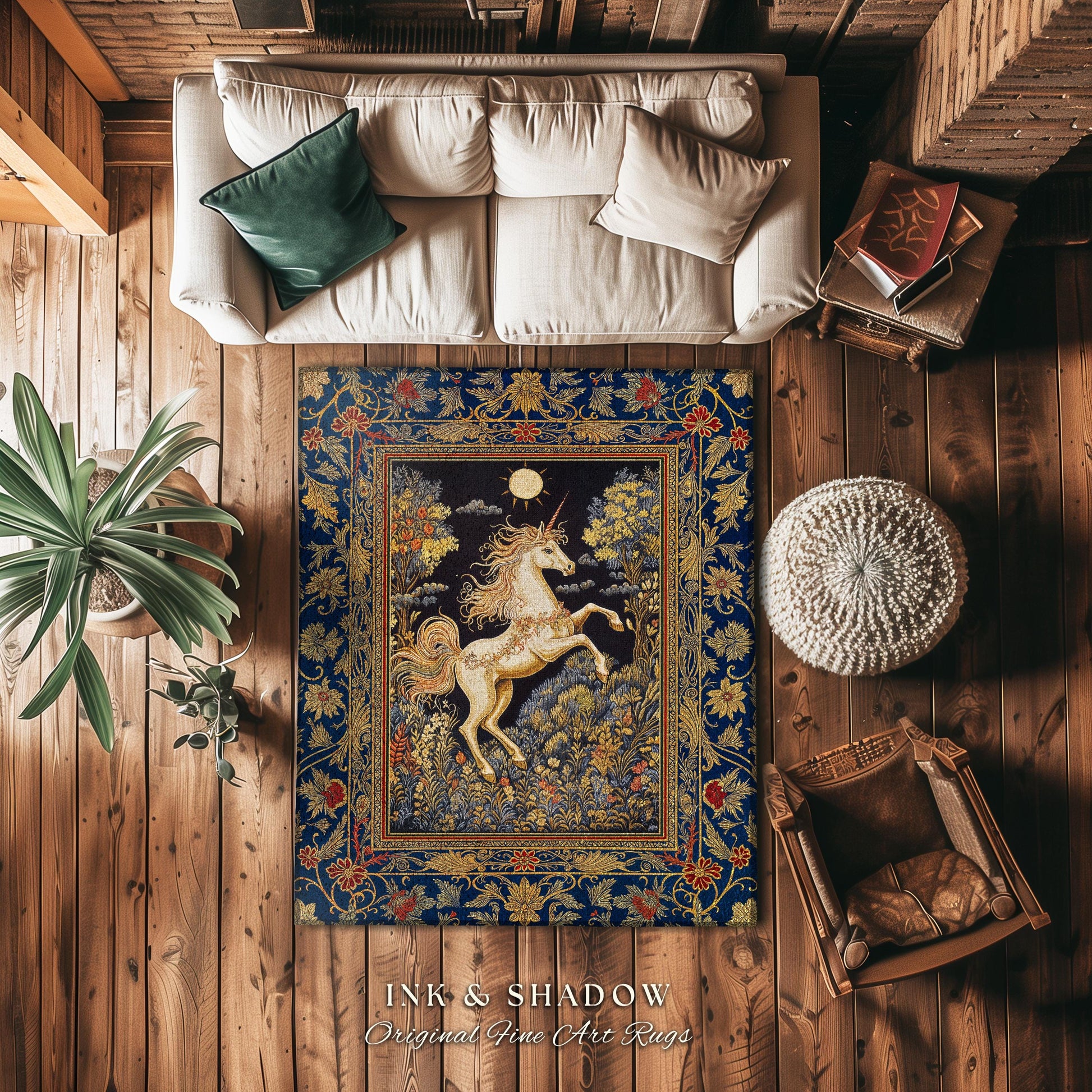 Victorian Unicorn Fairycore Rug | Fairytale Nursery Decor Golden Baroque Home Accent Castlecore Bedroom Romantic Gothic Forest Mystical Rug