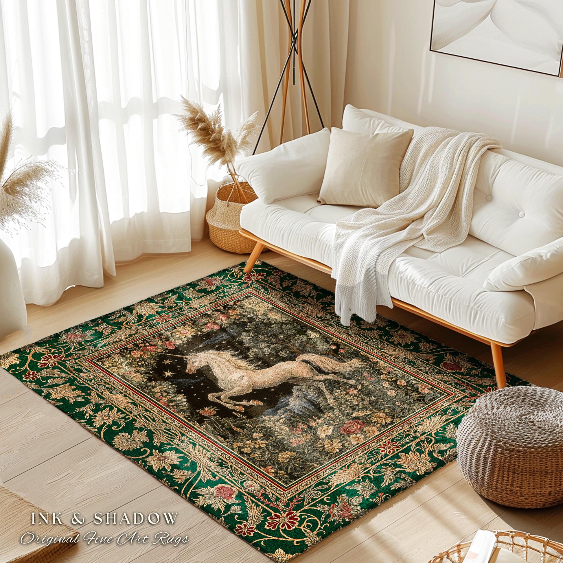 Medieval Fantasy Unicorn Area Rug | Floral Fairytale Pegasus Decor Castlecore Romantic Accent Baroque Style Mystical Forest Gothic Bedroom |