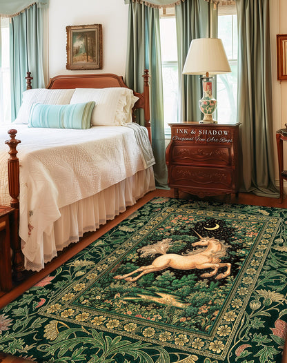 Magic Garden Unicorn Aesthetic Rug | Crescent Moon Cottagecore Pegasus Regal Decor Forest Baroque Accent Castlecore Romantic Mystical Style