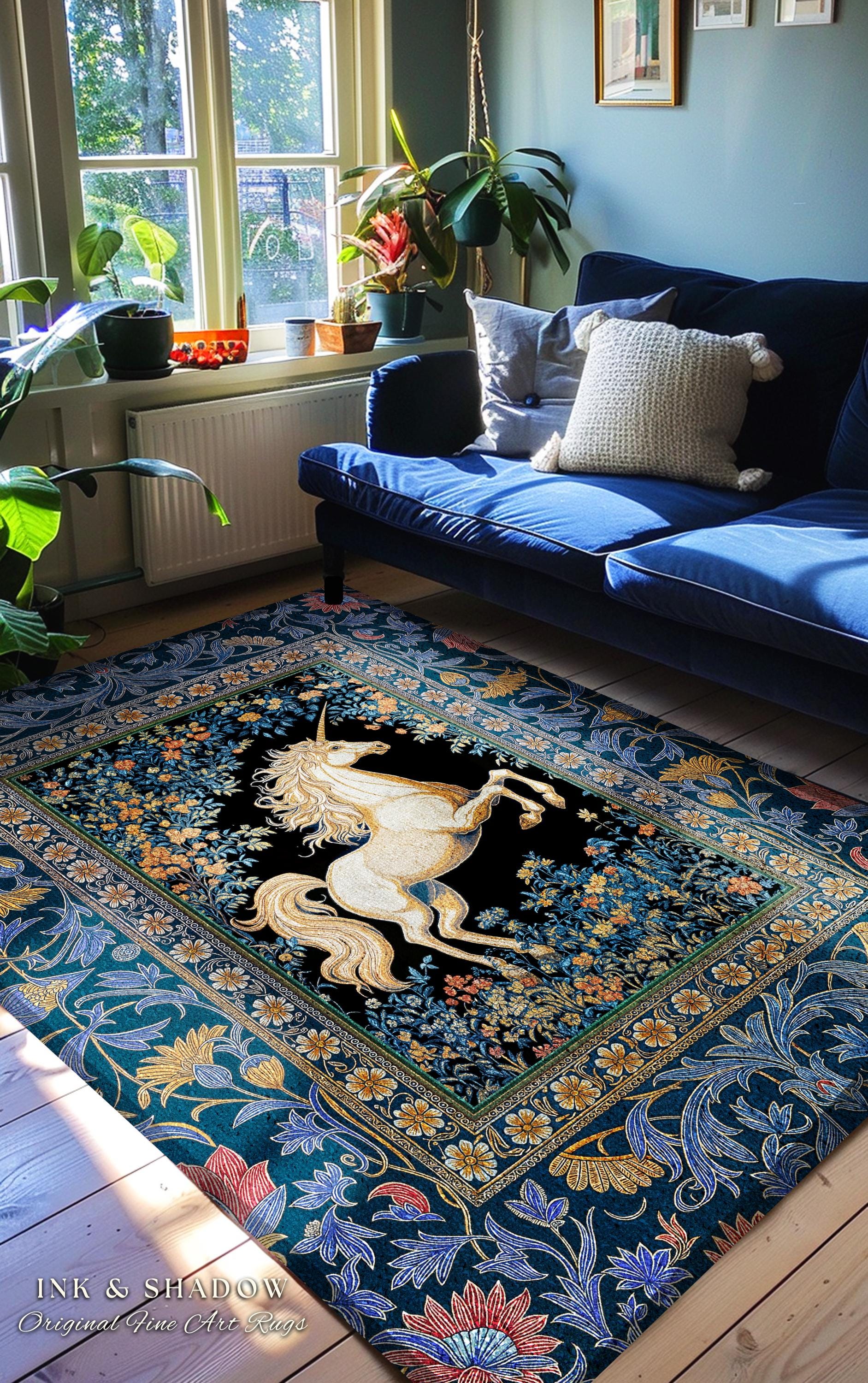 Twilight Floral Ornate Unicorn Rug | Blue Orange Baroque Fairytale Decor Regal Style Romantic Gothic Bedroom Accent Mystical Castlecore Rug