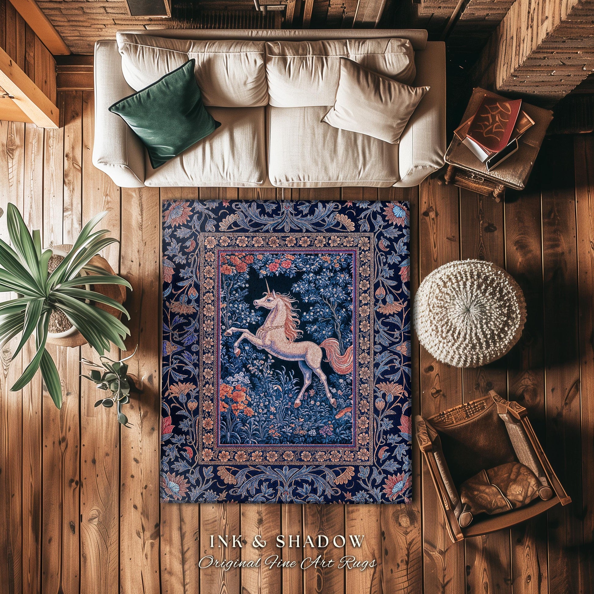 Storybook Unicorn Mystic Area Rug | Pastel Blue Forest Pegasus Accent Fairytale Baroque Decor Romantic Bedroom Mystical Cottagecore Regal