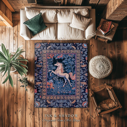 Storybook Unicorn Mystic Area Rug | Pastel Blue Forest Pegasus Accent Fairytale Baroque Decor Romantic Bedroom Mystical Cottagecore Regal