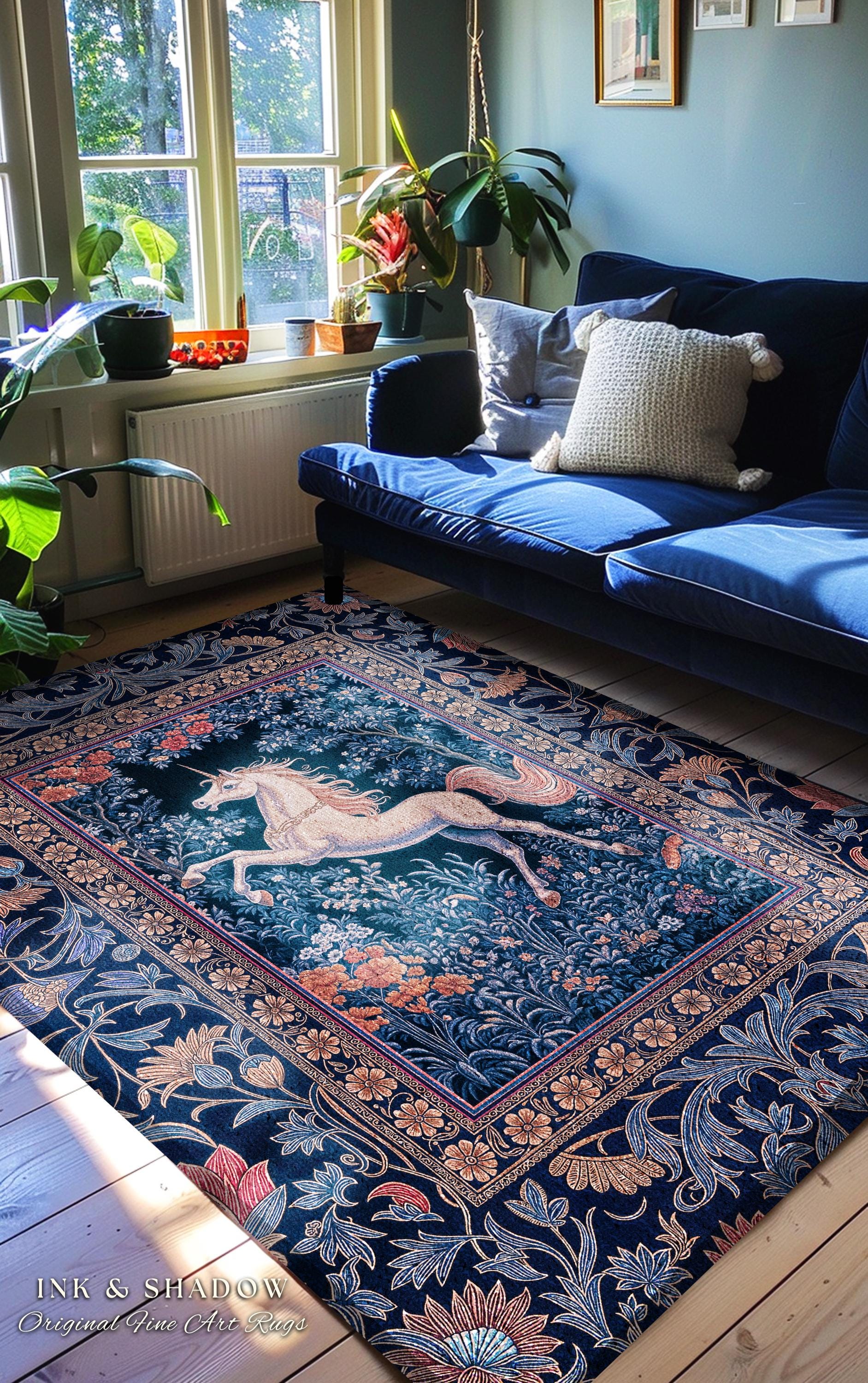Storybook Unicorn Mystic Area Rug | Pastel Blue Forest Pegasus Accent Fairytale Baroque Decor Romantic Bedroom Mystical Cottagecore Regal