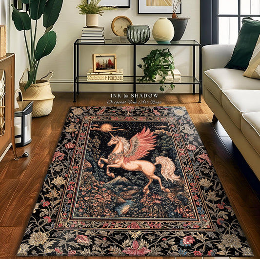 Mystical Pegasus Castlecore Rug | Coral Wing Unicorn Decor Fantasy Regal Fairytale Room Cottagecore Baroque Romantic Gothic Home Accent |