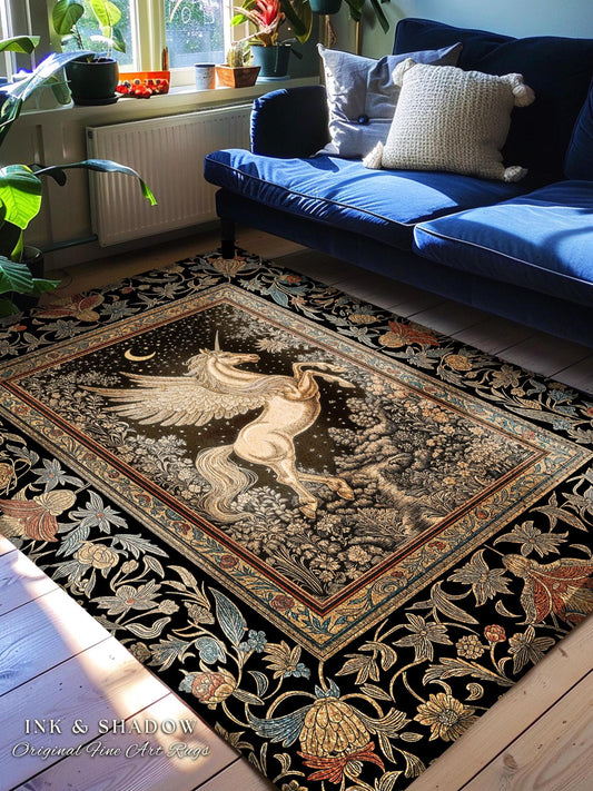 Golden Moon Regal Unicorn Rug | Forest Gothic Fairytale Area Rug Pegasus Baroque Style Fantasy Decor Dreamy Bedroom Whimsical Cottagecore |