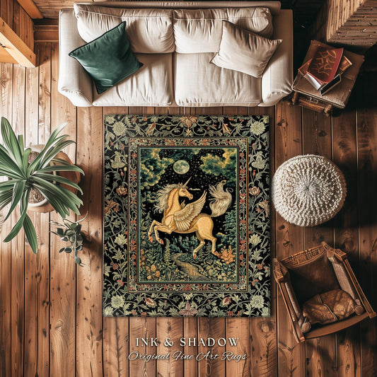 Celestial Pegasus Unicorn Forest Rug | Baroque Bedroom Decor Romantic Maximalist Fairytale Cottagecore Style Whimsical Castlecore Accent